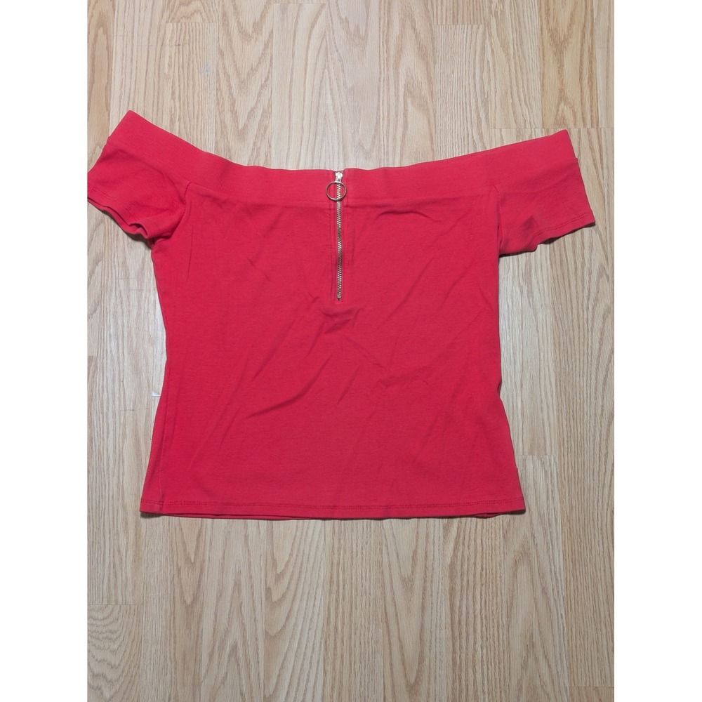 Guess Womens Off The Shoulder Quarter Zip Ribbed Knit Top Red Small